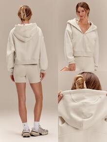GLOWMODE Everyday Fleece Chilly Days Relaxed Hoodie Jacket With Ribbed Cuffs & Hem Waist-Length Daily Casual Fall Winter Wear - Pearl White - View 8