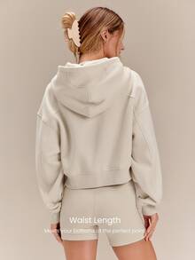 GLOWMODE Everyday Fleece Chilly Days Relaxed Hoodie Jacket With Ribbed Cuffs & Hem Waist-Length Daily Casual Fall Winter Wear - Pearl White - View 2