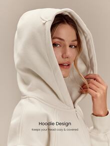 GLOWMODE Everyday Fleece Chilly Days Relaxed Hoodie Jacket With Ribbed Cuffs & Hem Waist-Length Daily Casual Fall Winter Wear - Pearl White - View 3