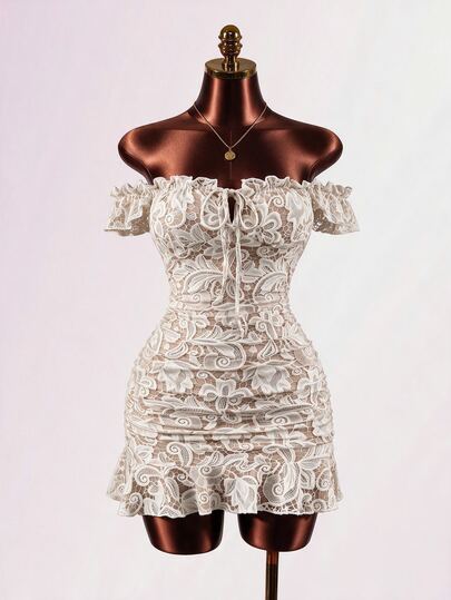 Mistrie Women's Lace Print Off-Shoulder Front Tie Ruched Ruffle Dress