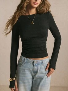 Poéselle Kaos Wanita Lengan Panjang Slim Fit Warna Polos dengan Lubang Jempol, Kasual, Basic, Hitam, Musim Gugur - Hitam - View 3