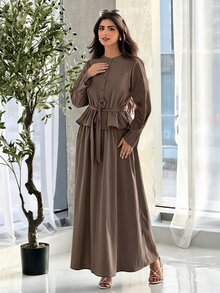 Solavon 女士时尚单排扣长袖衬衫和休闲半裙两件套 - 咖啡棕 - 查看 4