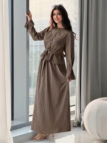 Solavon 女士时尚单排扣长袖衬衫和休闲半裙两件套 - 咖啡棕 - 查看 3