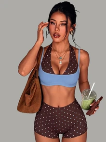 StreetHx Women's New Colorblock Sports Set, Polka Dot Print Design, Suitable For Summer Outdoor Sports, Running, Fitness, Travel, Cycling, Gym Training Two Pieces Set - Multicolor - View 1