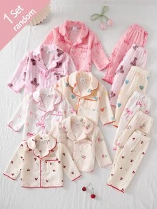 SHEIN Newborn Home Wear Lounge Night Set Long Sleeve Cardigan + Pants Woven Fabric Cute Bear/Cherry/Bow/Tulip/Heart/Print Pattern Beige Fall Autumn/Winter - Multicolor - View 9
