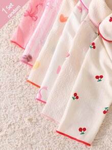 SHEIN Newborn Home Wear Lounge Night Set Long Sleeve Cardigan + Pants Woven Fabric Cute Bear/Cherry/Bow/Tulip/Heart/Print Pattern Beige Fall Autumn/Winter - Multicolor - View 4