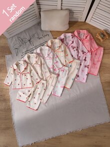 SHEIN Newborn Home Wear Lounge Night Set Long Sleeve Cardigan + Pants Woven Fabric Cute Bear/Cherry/Bow/Tulip/Heart/Print Pattern Beige Fall Autumn/Winter - Multicolor - View 10