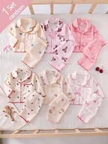 SHEIN Newborn Home Wear Lounge Night Set Long Sleeve Cardigan + Pants Woven Fabric Cute Bear/Cherry/Bow/Tulip/Heart/Print Pattern Beige Fall Autumn/Winter - Multicolor - View 7