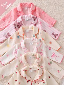 SHEIN Newborn Home Wear Lounge Night Set Long Sleeve Cardigan + Pants Woven Fabric Cute Bear/Cherry/Bow/Tulip/Heart/Print Pattern Beige Fall Autumn/Winter - Multicolor - View 5