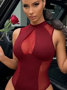 SHEIN SXY 女士纯色网眼拼接无袖性感紧身衣 - 酒紅色 - 查看 1