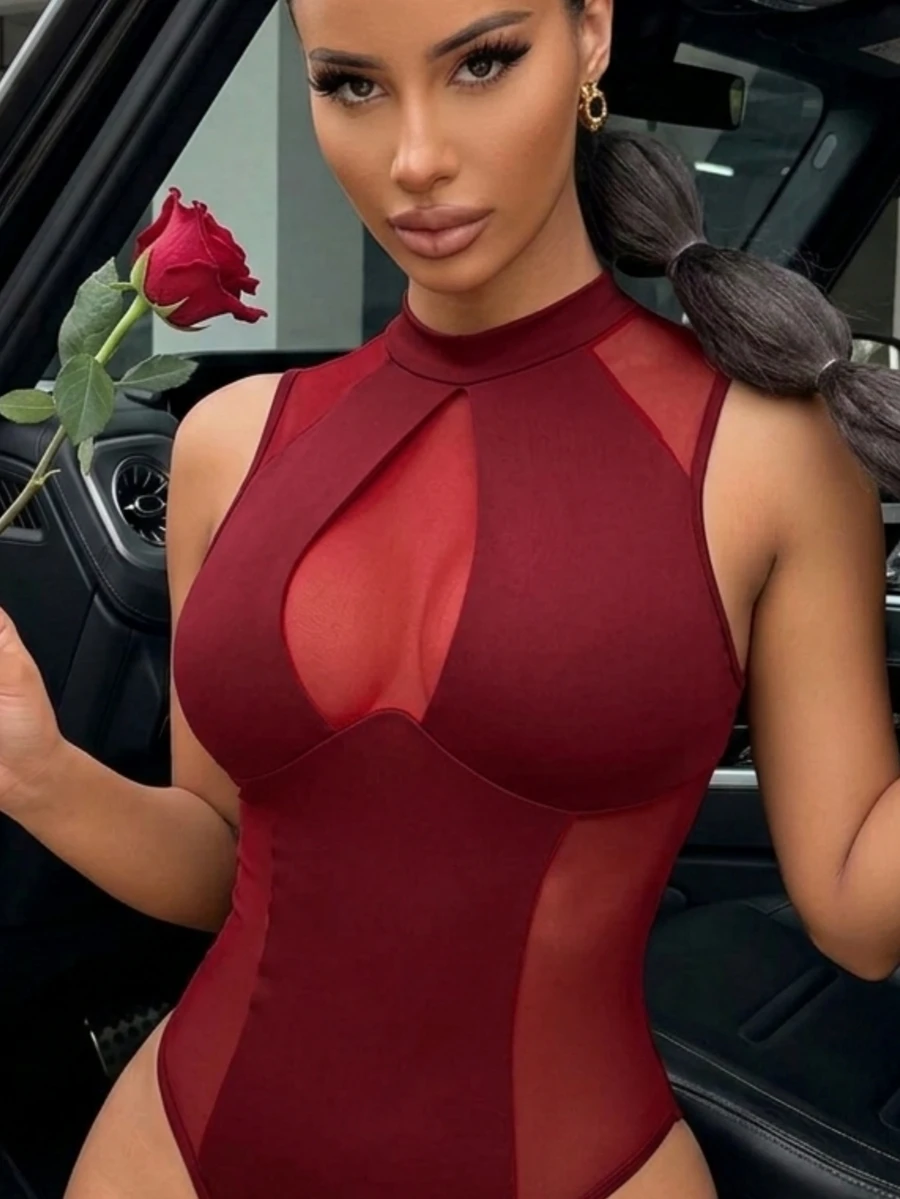 SHEIN SXY 女士纯色网眼拼接无袖性感紧身衣 - 酒紅色 - 查看 1