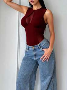 SHEIN SXY 女士纯色网眼拼接无袖性感紧身衣 - 酒紅色 - 查看 5