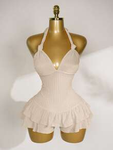Zolique Lace-Up Ruffle Hem Solid Color Halter Twist Front Jumpsuit - Apricot - View 3