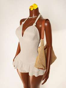 Zolique Lace-Up Ruffle Hem Solid Color Halter Twist Front Jumpsuit - Apricot - View 4