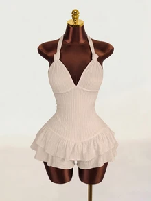 Zolique Lace-Up Ruffle Hem Solid Color Halter Twist Front Jumpsuit - Apricot - View 1