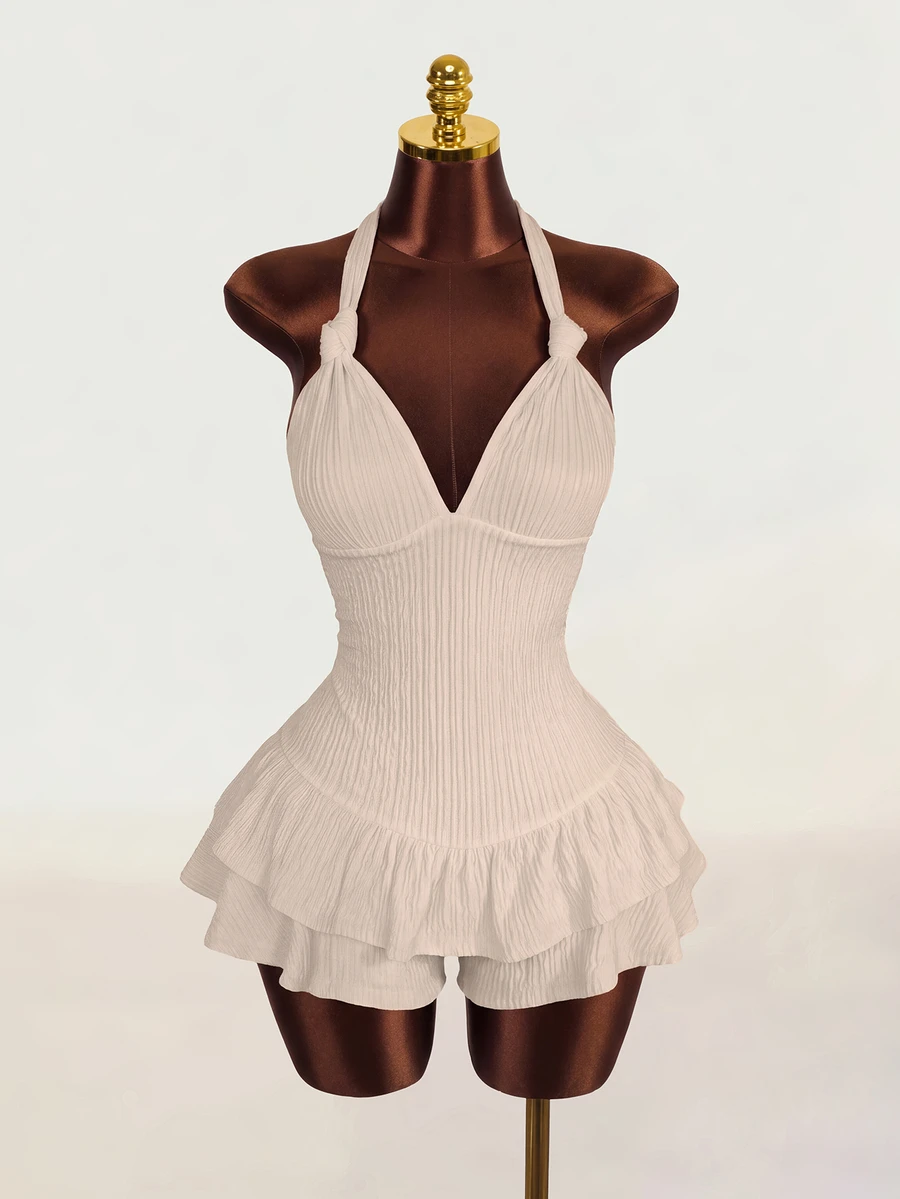Zolique Lace-Up Ruffle Hem Solid Color Halter Twist Front Jumpsuit - Apricot - View 1