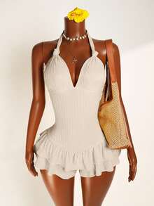Zolique Lace-Up Ruffle Hem Solid Color Halter Twist Front Jumpsuit - Apricot - View 7