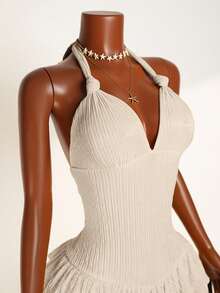 Zolique Lace-Up Ruffle Hem Solid Color Halter Twist Front Jumpsuit - Apricot - View 5