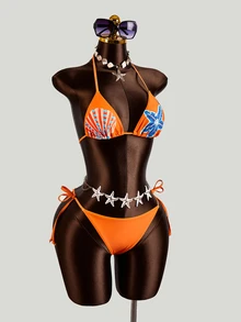 SHEIN Swim [印花設計] 2026 女款辣妹海星圖案拼接印花性感綁帶比基尼套裝，趣味海星印花套裝，適合春夏海邊度假 - 彩色 - 查看 8