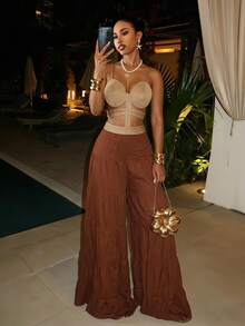 Slaydiva Women's Colorblock Pleated Hollow Out Casual Vacation Cover-Up Jumpsuit Bathing Suit Swimsuits - Brown - View 2
