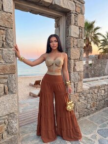 Slaydiva Women's Colorblock Pleated Hollow Out Casual Vacation Cover-Up Jumpsuit Bathing Suit Swimsuits - Brown - View 6