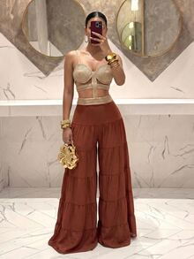 Slaydiva Women's Colorblock Pleated Hollow Out Casual Vacation Cover-Up Jumpsuit Bathing Suit Swimsuits - Brown - View 5