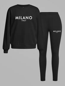 Slaydiva 2 件 MILANO 休闲标语图案宽松圆领运动衫和紧身打底裤套装，适合秋冬季 - 黑色 - 查看 3