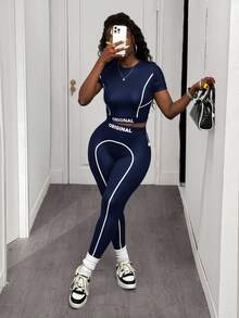 Slaydiva Navy Blue Casual Knitted Short Sleeve Crop Top And Long Leggings Two-Piece Set For Women With Unique Tape Details 2 Pieces Casual Sets Woman - Navy Blue - View 4