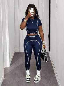Slaydiva Navy Blue Casual Knitted Short Sleeve Crop Top And Long Leggings Two-Piece Set For Women With Unique Tape Details 2 Pieces Casual Sets Woman - Navy Blue - View 6