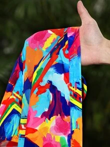 Slaydiva 2024 New Design Floral Print Vacation Ruffle Lantern Sleeve Loose Dress, Summer,Sun Dress Beach Vacation Blue And Orange Breezy Sexy Tropical - Multicolor - View 8