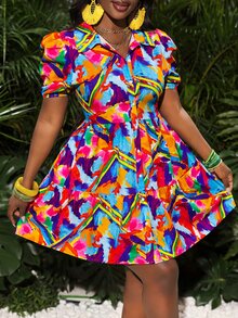 Slaydiva 2024 New Design Floral Print Vacation Ruffle Lantern Sleeve Loose Dress, Summer,Sun Dress Beach Vacation Blue And Orange Breezy Sexy Tropical - Multicolor - View 7