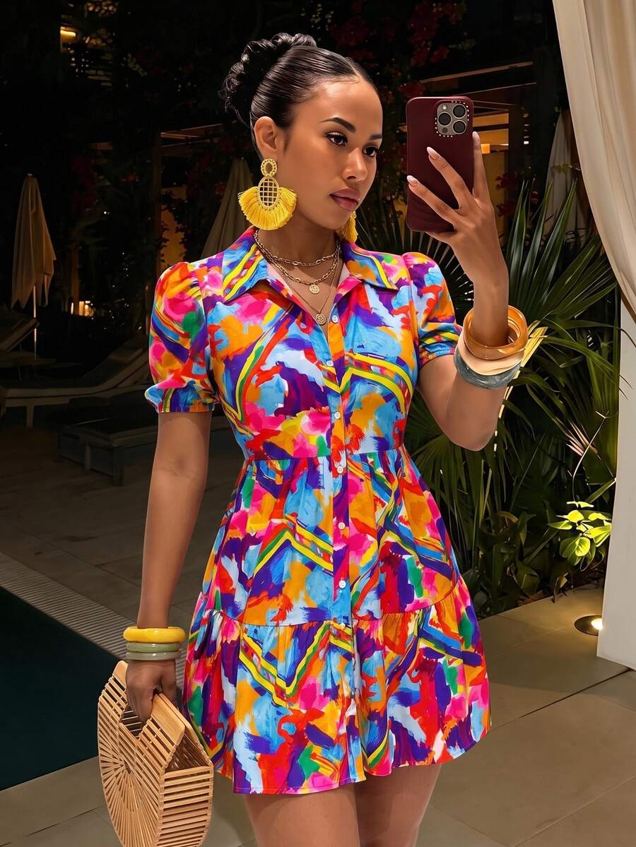Slaydiva 2024 New Design Floral Print Vacation Ruffle Lantern Sleeve Loose Dress, Summer,Sun Dress Beach Vacation Blue And Orange Breezy Sexy Tropical