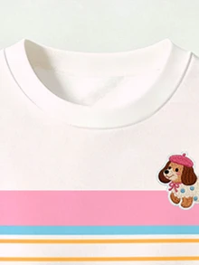 (1套) 青少年女孩秋冬休閒清新可愛卡通粉色小狗條紋圖案圓領衛衣搭配內搭褲 - 彩色 - 查看 5