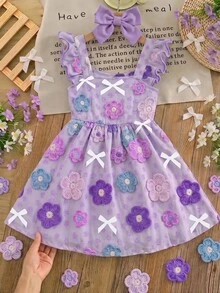 SHEIN [Printed Design] Young Girl Woven Floral Pattern Bow Square Neck Flounce Sleeve Casual Dress - Purple - View 6