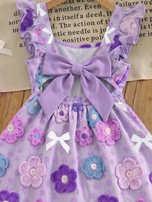 SHEIN [Printed Design] Young Girl Woven Floral Pattern Bow Square Neck Flounce Sleeve Casual Dress - Purple - View 8