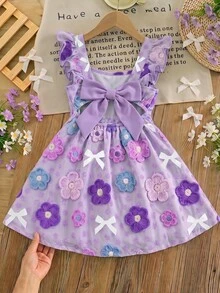 SHEIN [Printed Design] Young Girl Woven Floral Pattern Bow Square Neck Flounce Sleeve Casual Dress - Purple - View 5