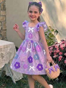 SHEIN [Printed Design] Young Girl Woven Floral Pattern Bow Square Neck Flounce Sleeve Casual Dress - Purple - View 4