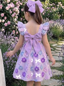 SHEIN [Printed Design] Young Girl Woven Floral Pattern Bow Square Neck Flounce Sleeve Casual Dress - Purple - View 2