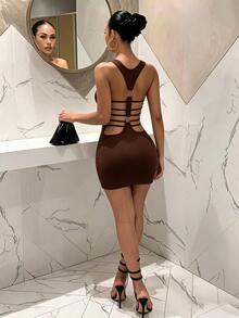 BamGleam Women's Solid Color Backless Square Neck Sleeveless Fitted Sexy Dress - Black - View 2