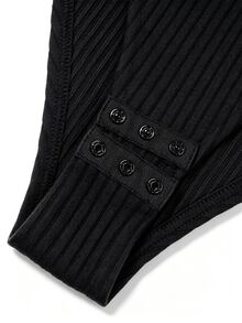 Balvessa Sheer Mesh Patchwork Half Turtleneck Ribbed Knit Bodysuit, Elastic Shaping Slim Fit Long Sleeve Bodysuit, Suitable For Daily Commute, Business Meeting, Dinner Date, Bar, Party Photo Op, Light Hot Girl Style, Autumn/Winter Layering Base - Black - View 4