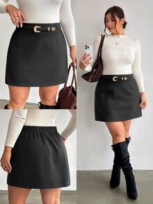 Firerie Plus Size Vintage Casual Elegant Metal Buckle Mini Skirt For Date Office Formal Black Autumn Fall - Black - View 2