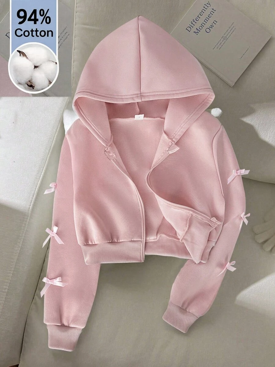 SHEIN Tween Girl Bow Decor Kids Zipper Front Hooded Autumn Sweatshirt - Pink - View 1