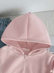 SHEIN Tween Girl Bow Decor Kids Zipper Front Hooded Autumn Sweatshirt - Pink - View 4