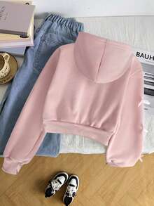 SHEIN Tween Girl Bow Decor Kids Zipper Front Hooded Autumn Sweatshirt - Pink - View 2