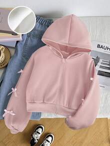SHEIN Tween Girl Bow Decor Kids Zipper Front Hooded Autumn Sweatshirt - Pink - View 3