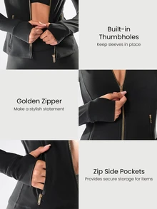 GLOWMODE FeatherFit™ Slim-It Streamline Performance Secure Pockets Zip Up Long Sleeve Jacket Low Impact Yoga Pilates Daily Spring Summer - Black - View 3