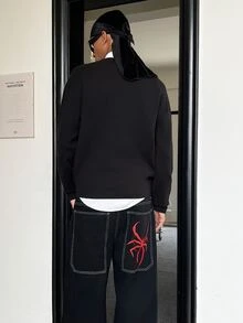 STEELVANCE 男士蜘蛛圖案圓領落肩長袖休閒毛衣 - 黑色 - 查看 2
