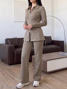 Solavon Women's Casual Modest Zip-Up Long Sleeve Jacket And Pants 2 Pieces Set Office Khaki Spring - Khaki - View 4