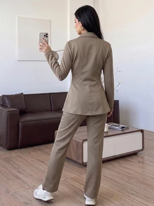 Solavon Women's Casual Modest Zip-Up Long Sleeve Jacket And Pants 2 Pieces Set Office Khaki Spring - Khaki - View 3