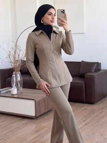 Solavon Women's Casual Modest Zip-Up Long Sleeve Jacket And Pants 2 Pieces Set Office Khaki Spring - Khaki - View 2